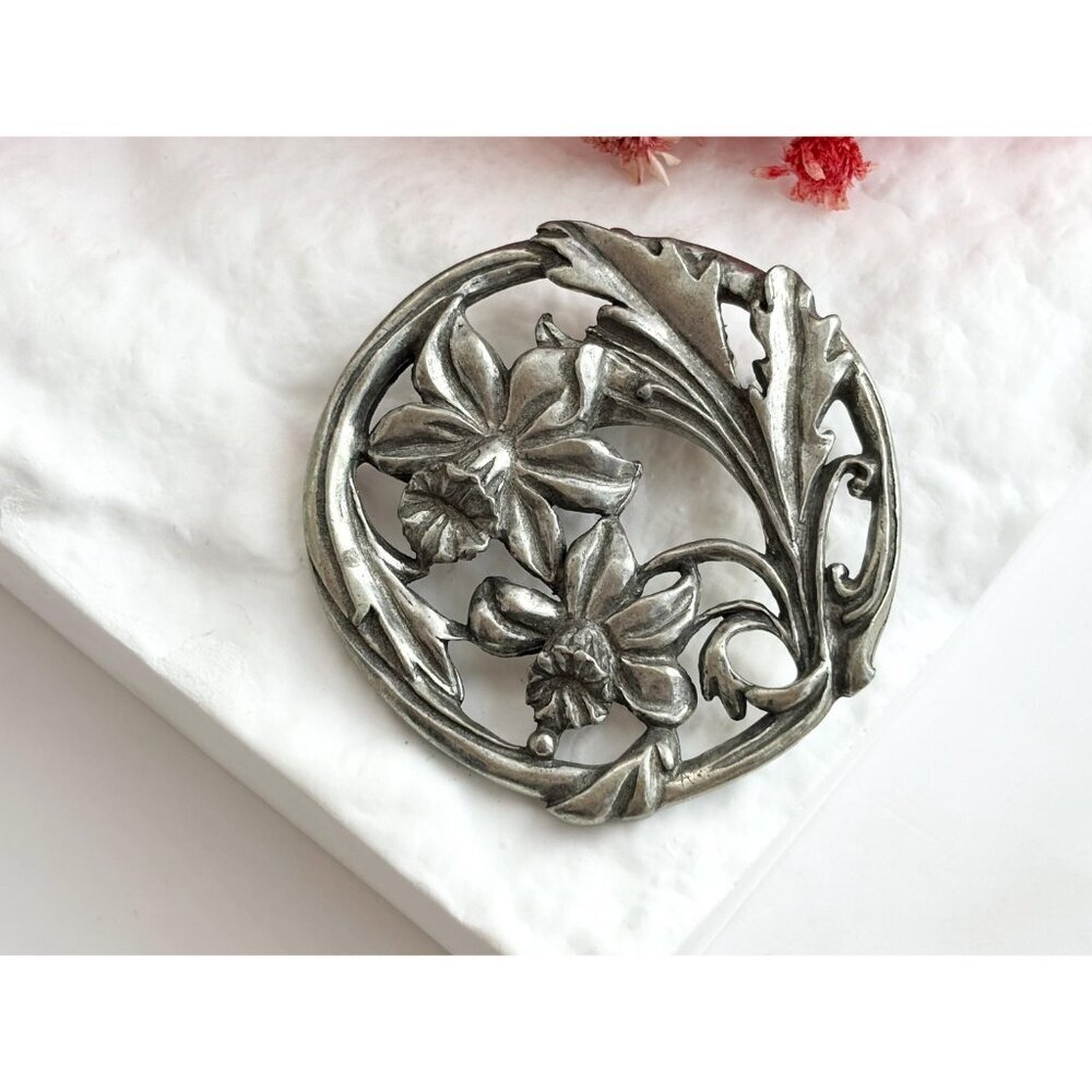 1987 Canadian Made Floral Pewter Art Nouveau Inspired Vintage Brooch Pin - Picture 4 of 14